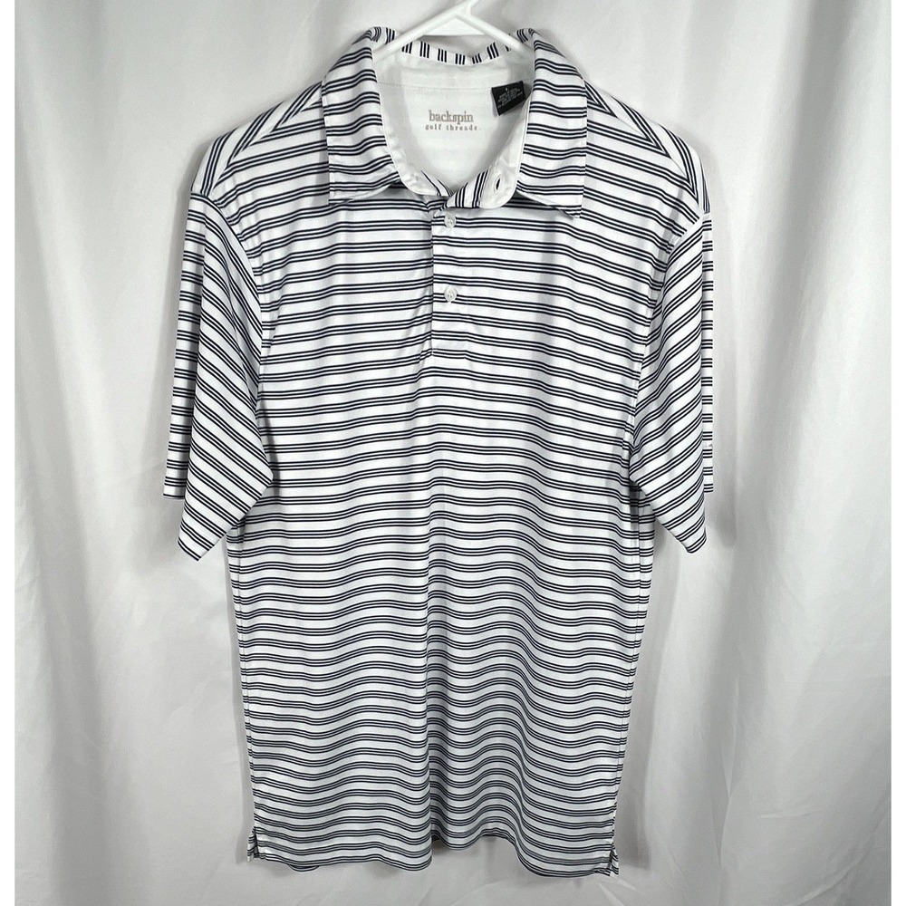Backspin Golf Threads White & Navy Blue Striped Men's Polo Shirt Size Large
